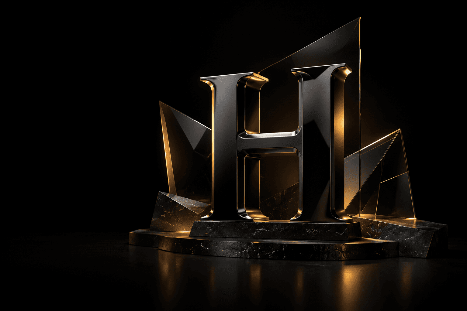 HITAM's sculptural black chrome H in amber light